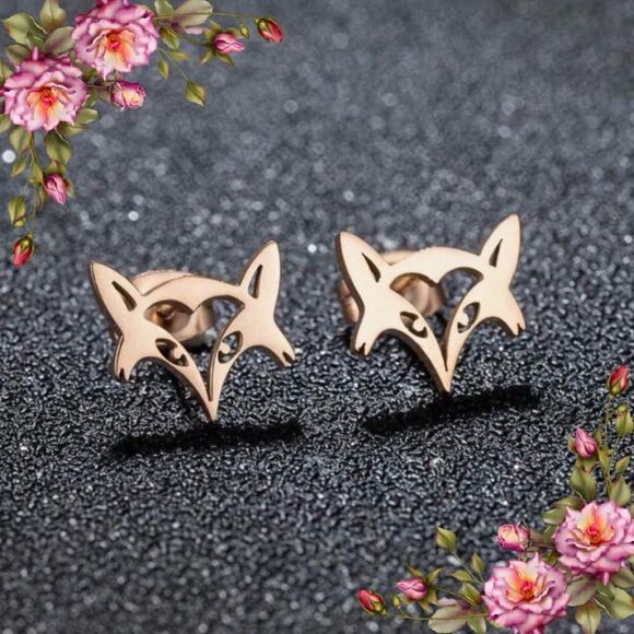 Rose Gold Fox Mini Cute Animal Head Stainless Steel  Stud Earrings - Picture 1 of 9